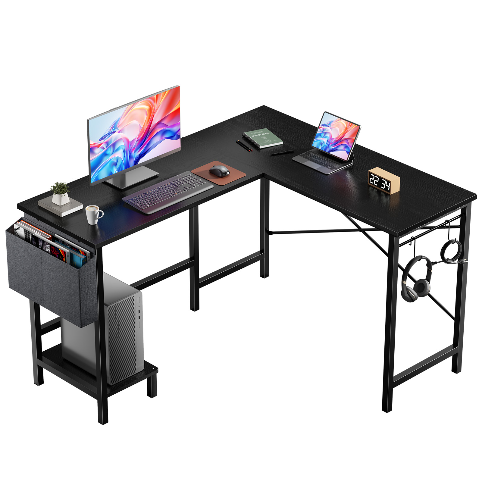 Pc Gaming Center - MCQ โต๊ะคอมพิวเตอร์ทรงตัว L พร้อมกระเป๋าเก็บของและตะขอด้านข้าง โต๊ะคอมพิวเตอร์มุมสำหรับเล่นเกมที่ออกแบบตามหลักสรีรศาสตร์ พร้อมที่วางคอมพิวเตอร์สำหรับใช้งานในบ้านหรือสำนักงาน