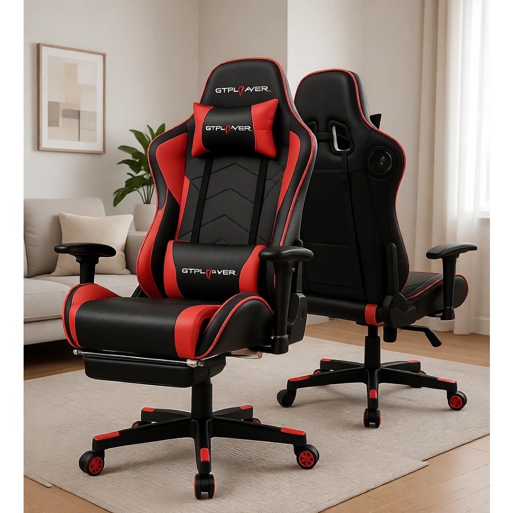 Gaming Speaker - เก้าอี้เกมมิ่งตามหลักสรีรศาสตร์พร้อมลำโพงบลูทูธ, พนักพิงปรับได้, ที่วางแขนแบบ 3D, ที่วางเท้าสำหรับเกมเมอร์